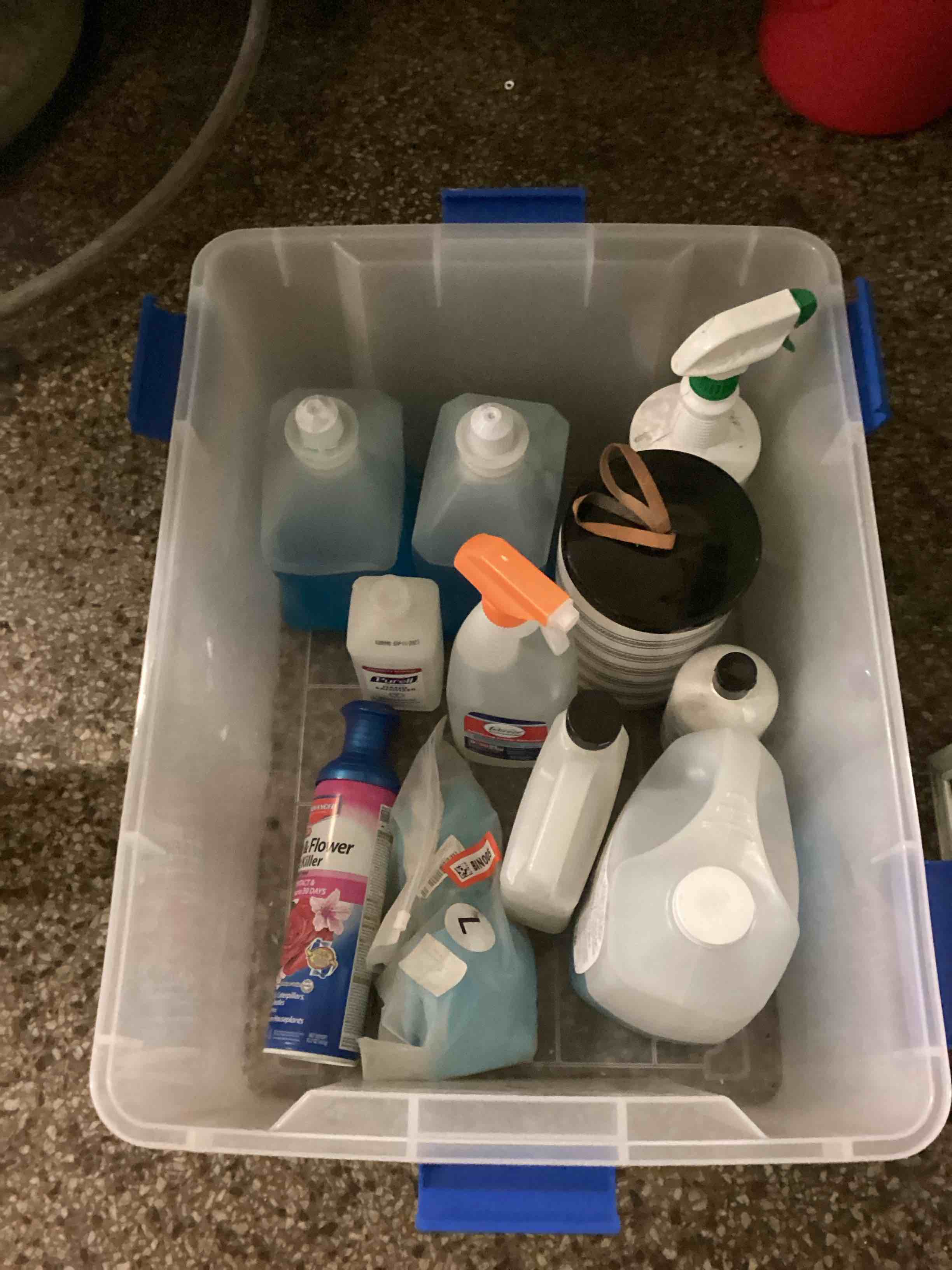 Condition photo showing As Is for Box of Assorted liquid cleaning products and soaps for personal hygiene