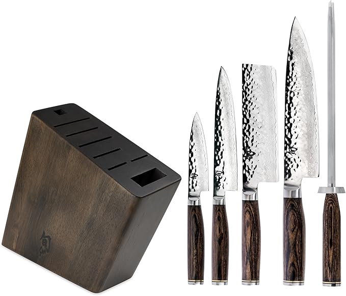 Shun Premier 6 Piece Block Set, Includes 8" Chef, 4" Paring, 5.5" Nakiri, 6.5" Utility Knives, Honing Steel & 8-Slot Angled Knife Block, Handcrafted Japanese Knife Set, Pakkawood Handles