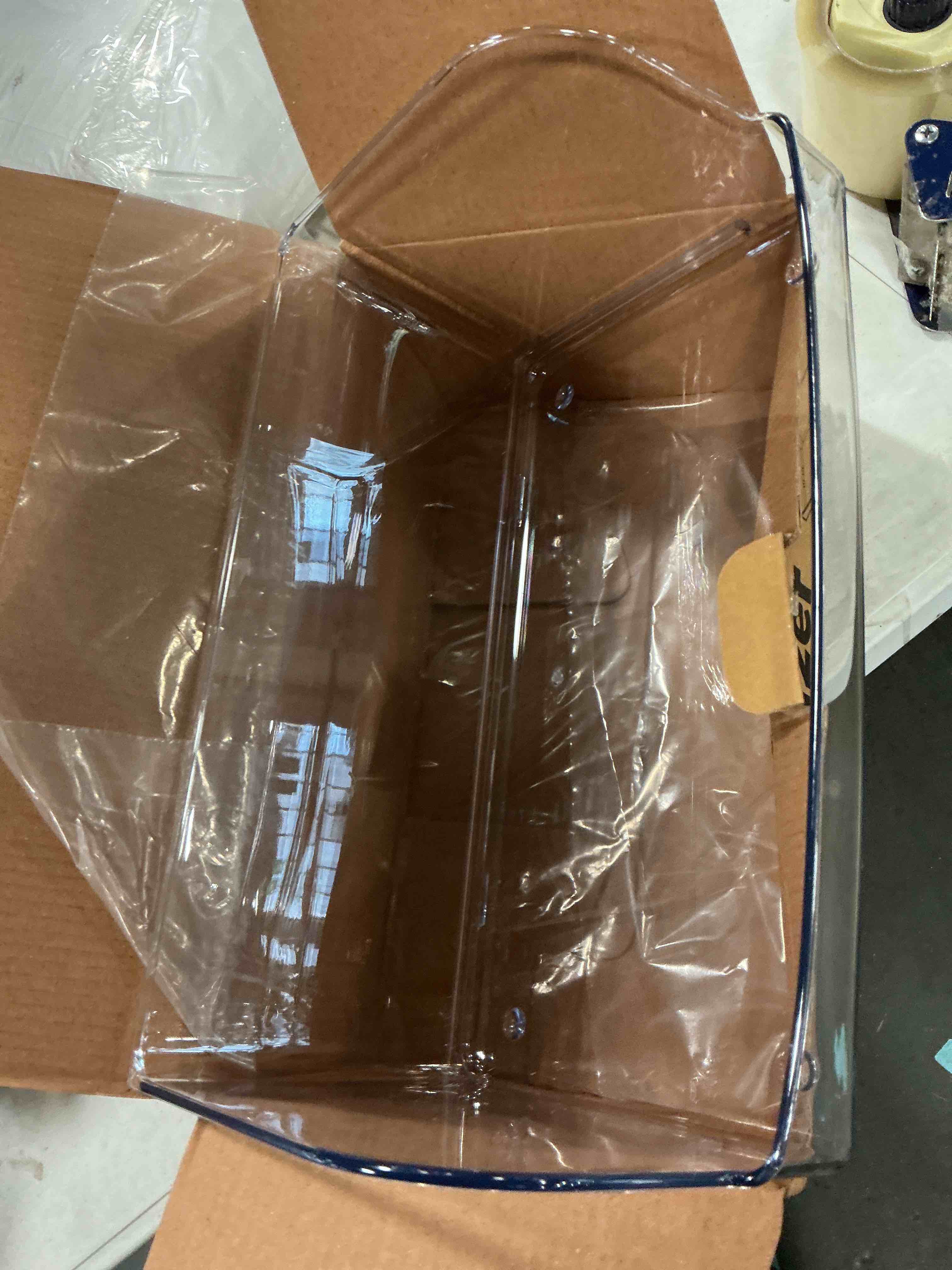 Condition photo showing item condition for Set Of 1 Clear Pantry Organizer Bins Stackable Household Plastic Food Storage Basket with Wide Open Front for Kitchen, Countertops, Cabinets, Refrigerator, Freezer, Bedrooms, Bathrooms - 12" Wide