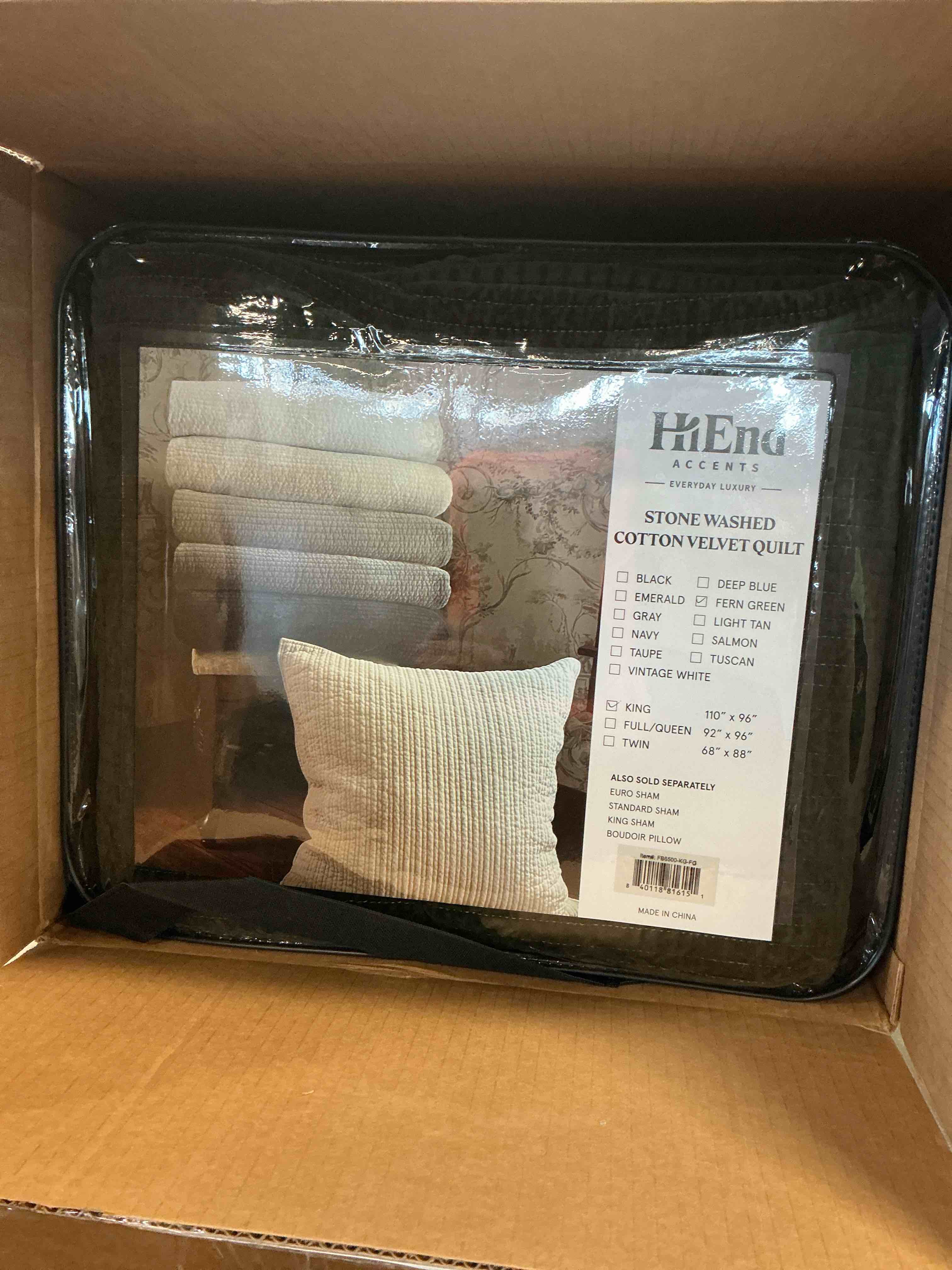 Condition photo showing New/Like New for HiEnd Accents Stonewashed Cotton Velvet Quilt, Super King Size, Fern Green Solid Color, Classic Traditional Rustic Style Luxury Bedding, Soft Lightweight Bed Cover