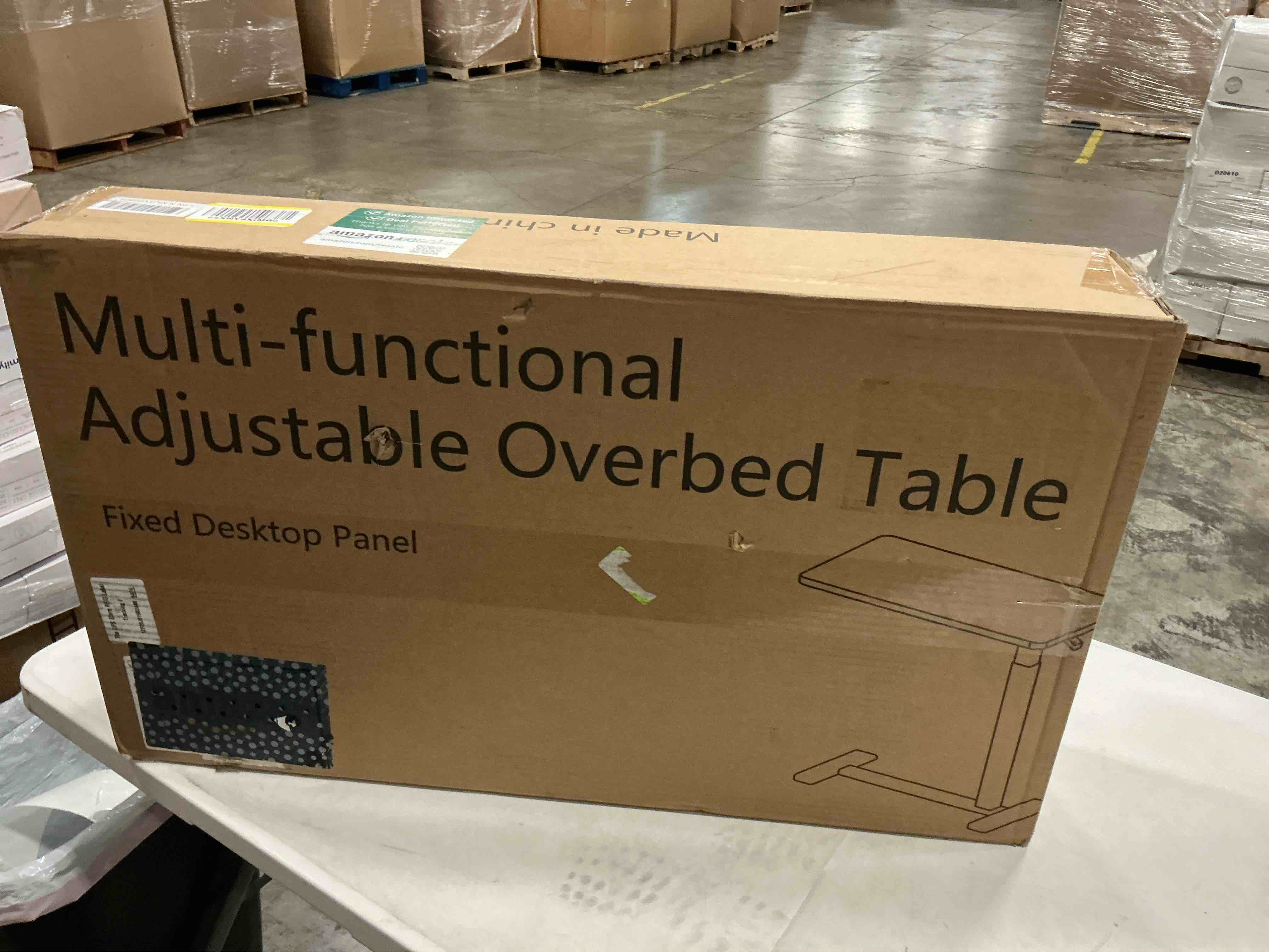 Condition photo showing New/Like New for overbed table with hidden wheels, height adjustable medical bed table hospital bedside table, 28" w x 16" d rolling laptop standing desk for home & office, walnut brown walnut brown fixed