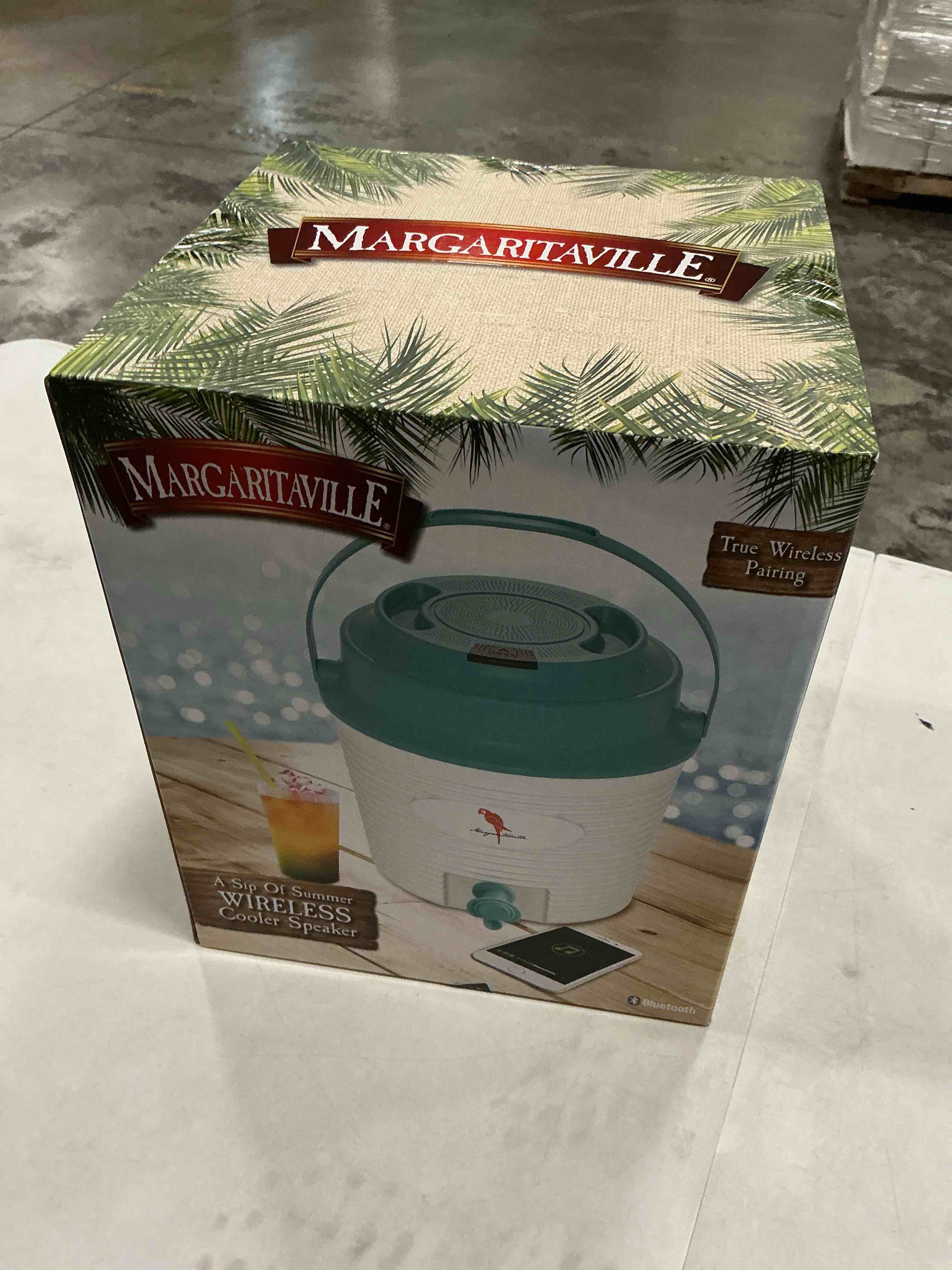 Condition photo showing New/Like New for margaritaville “a sip of summer” bluetooth wireless speaker & cooler bluetooth speakers, fun drink & beer cooler, water resistant outdoor speaker, unique margaritaville design