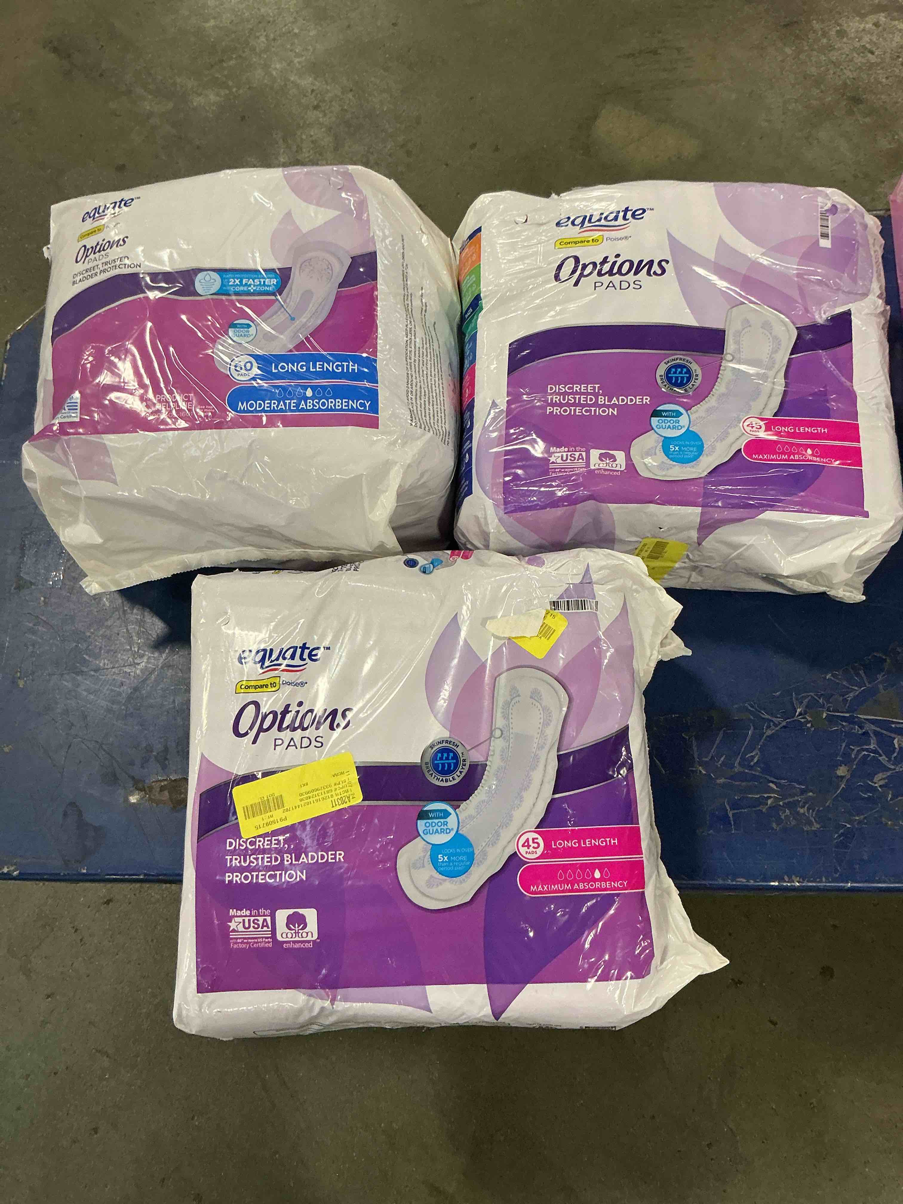 Condition photo showing Good Condition for Assorted of Equate Options Long Length Incontinence Pads
