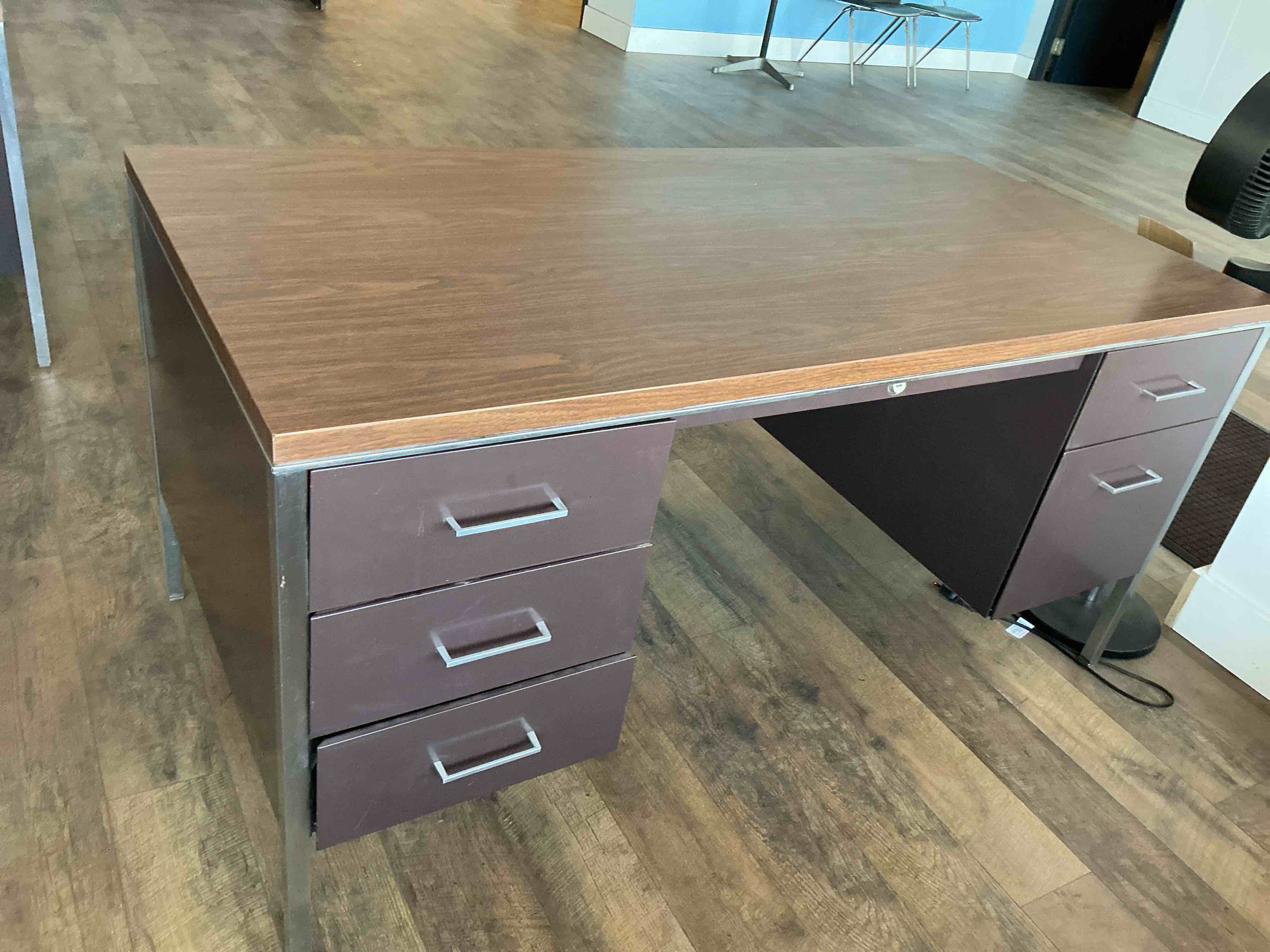 Condition photo showing As Is for 60” Metal Desk with Walnut Laminate Top (similar to stock photo)