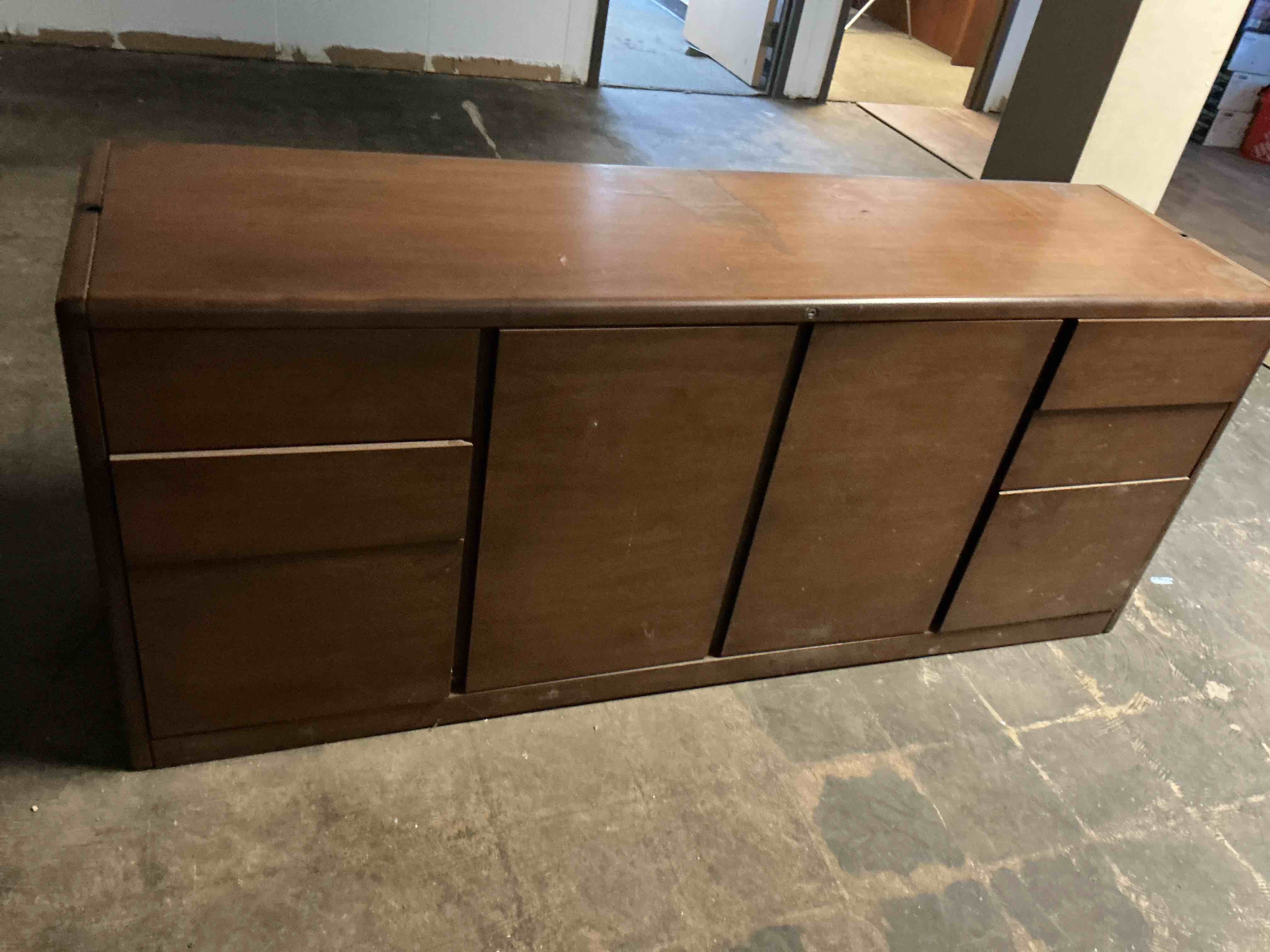 Condition photo showing As Is for 70” Mid-Century Modern style wood sideboard
