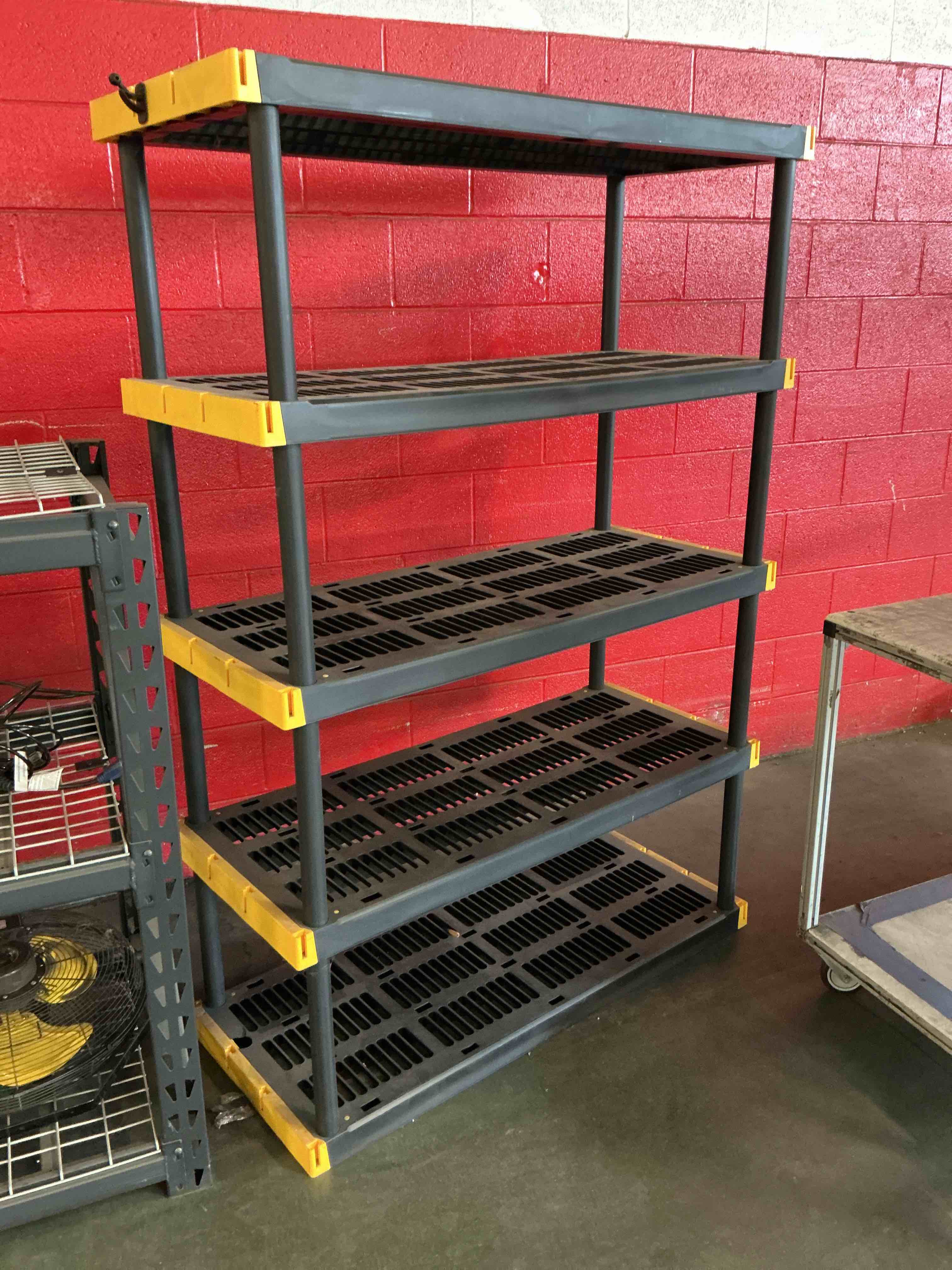 Condition photo showing As Is for CX Black & Yellow®, 5-Tier Heavy Duty Plastic Storage Shelving Unit, 200lbs/shelf (72”H x 48”W x 20”D), for Indoor/Outdoor Organization, Modular Rack