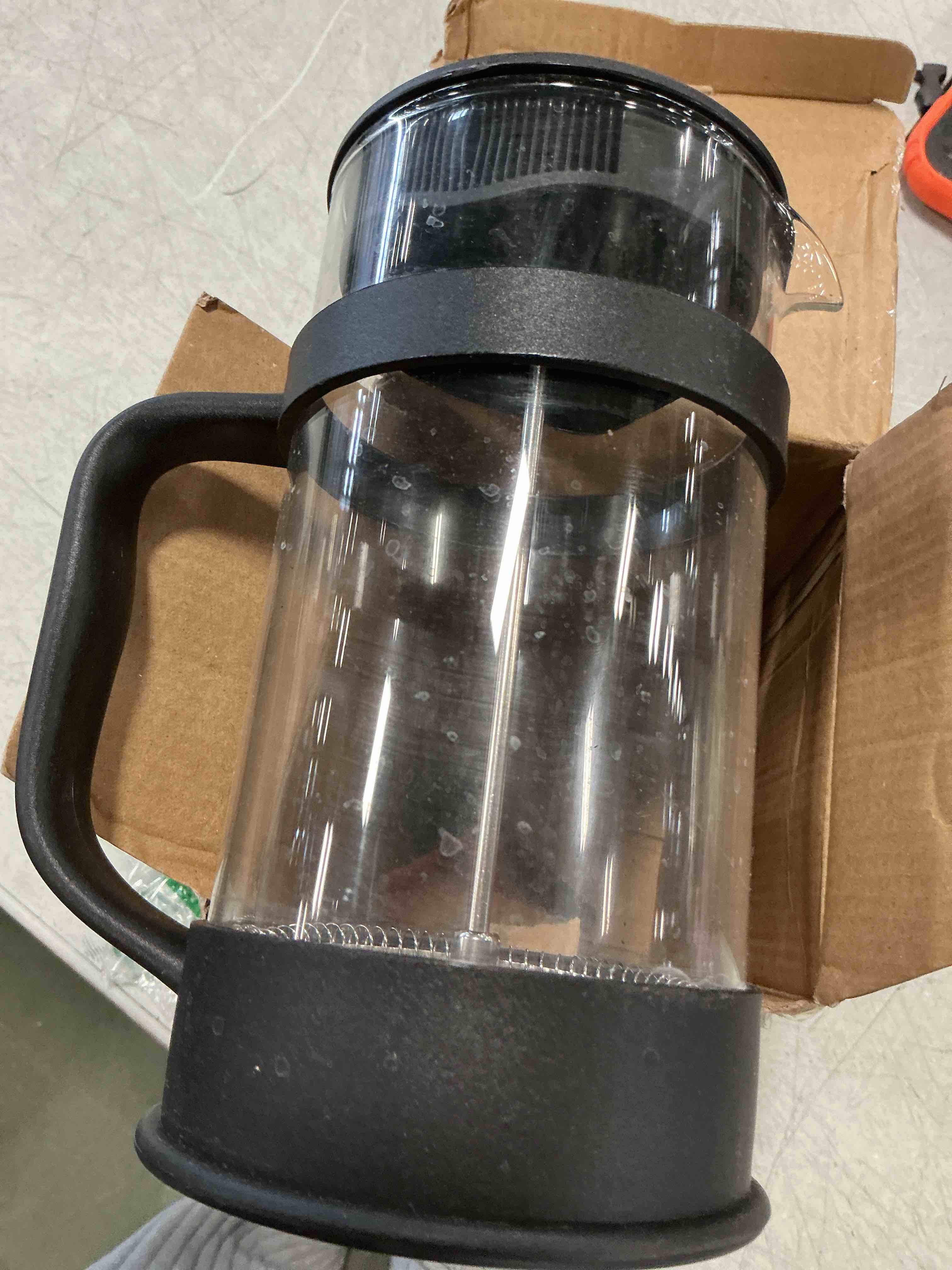 Condition photo showing As Is for Utopia Kitchen Borosilicate Glass French Press Coffee Maker 34 oz, Heat-Resistant Cafetiere & Tea Maker, Thickened Glass Coffee Press for Travel and Camping, Black 34-oz (Pack of 1) Black