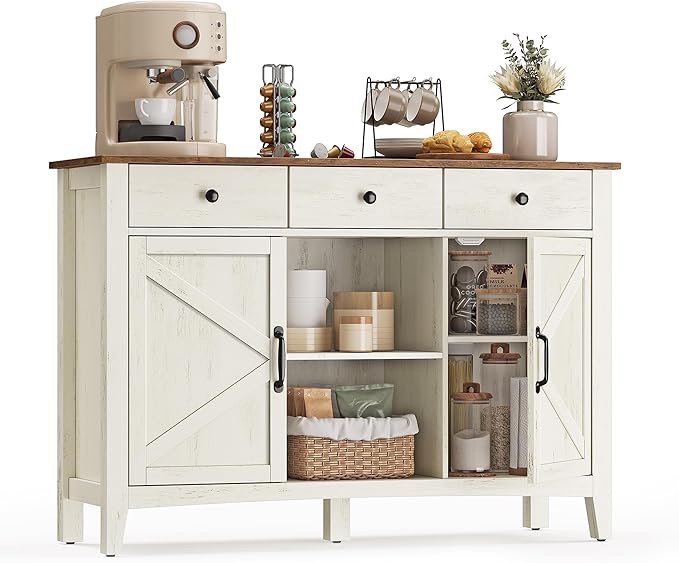 VASAGLE LIRY Collection - Buffet Cabinet, Coffee Bar Cabinet with 3 Drawers, Adjustable Shelves, Sideboard Storage with Cable Holes, Drawer Dividers, Rustic White and Honey Brow