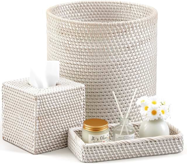 Brand: Teenyyou 3 Pcs Rattan Bathroom Accessories Set Wicker Handwoven Trash Can Basket Waste Paper Basket Square Tissue Box Holder Toilet Vanity Tray for Kitchen Office Organizer Decorative(White)