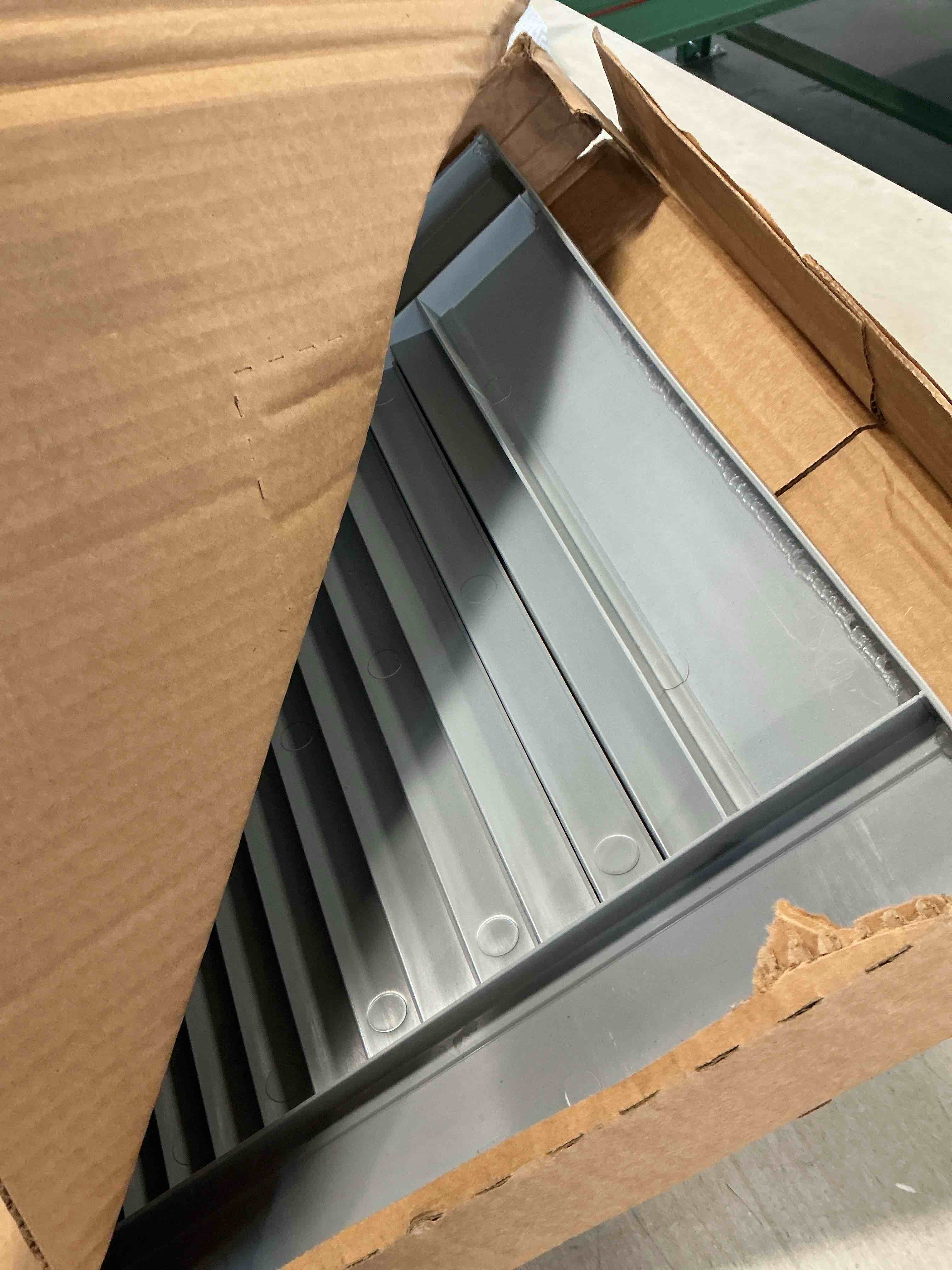 Condition photo showing Good Condition for 14 1/2"W x 65"H Lifetime Vinyl, TailorMade Cathedral Top Center Mullion, Open Louver Shutters, w/Shutter-Loks (Per Pair), 945 - Platinum