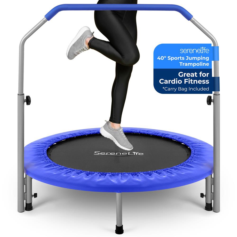 SereneLife Portable & Foldable Trampoline - 40" in-Home Mini Rebounder with Adjustable Handrail, Fitness Body Exercise - SLSPT409, Blue