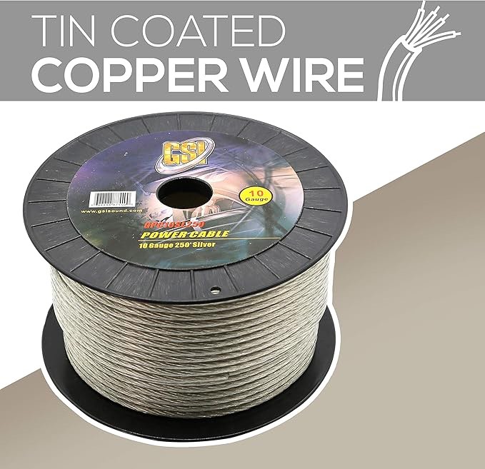 Sound Around 10 Gauge Power Ground Cables-250 ft,10mm² Silver-Tinned Oxygen Free Copper Cable,Multi-Strand Construction,Ideal for High-Powered Systems Durable Translucent Jacket-GSI GPC10SL250(SILVER)