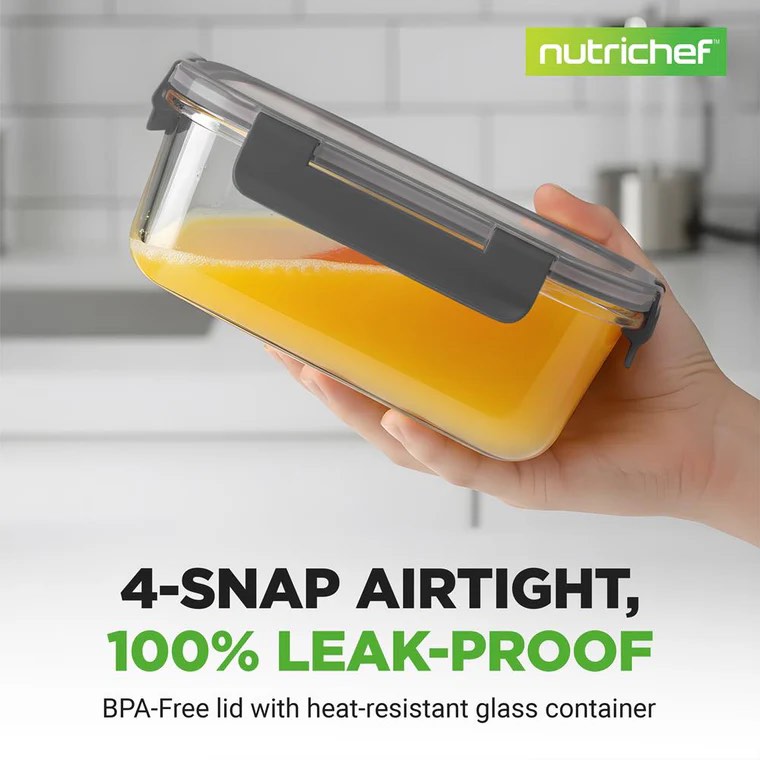 6 pack Piece Superior Glass Food Storage Containers Set - Stackable Design With Newly Innovated Hinged Bpa-Free Locking Lids (Gray