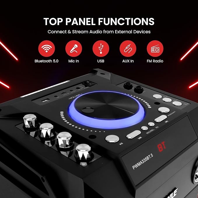 Pyle Outdoor Portable Wireless Bluetooth Karaoke PA Loud speaker - 8'' Subwoofer Sound System with DJ Lights, Rechargeable Battery, FM Radio, USB / Micro SD Reader, Microphone, Remote - PWMA335BT