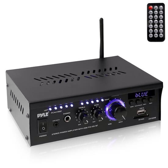 Bluetooth Mini Blue Series Stereo Power Amplifier - USB/SD Readers, USB Charge, RCA/AUX Input, Remote Control