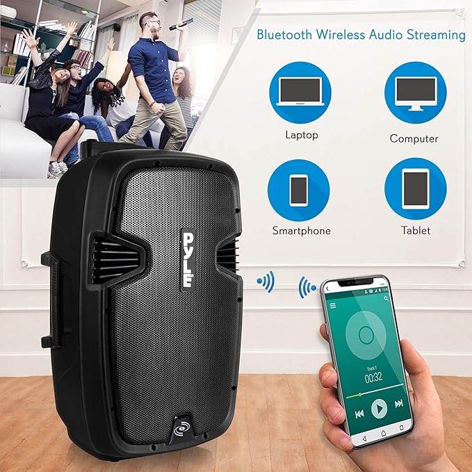 Pyle Karaoke Portable PA Speaker System - 1600W Active Powered Bluetooth Compatible Speaker, Rechargeable Battery, Easy Carry Wheels, USB MP3 RCA, FM Radio, 2 UHF Microphone, Remote - Pyle PPHP1599WU