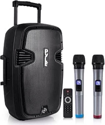 Condition photo showing New/Like New for Pyle Karaoke Portable PA Speaker System - 1600W Active Powered Bluetooth Compatible Speaker, Rechargeable Battery, Easy Carry Wheels, USB MP3 RCA, FM Radio, 2 UHF Microphone, Remote - Pyle PPHP1599WU