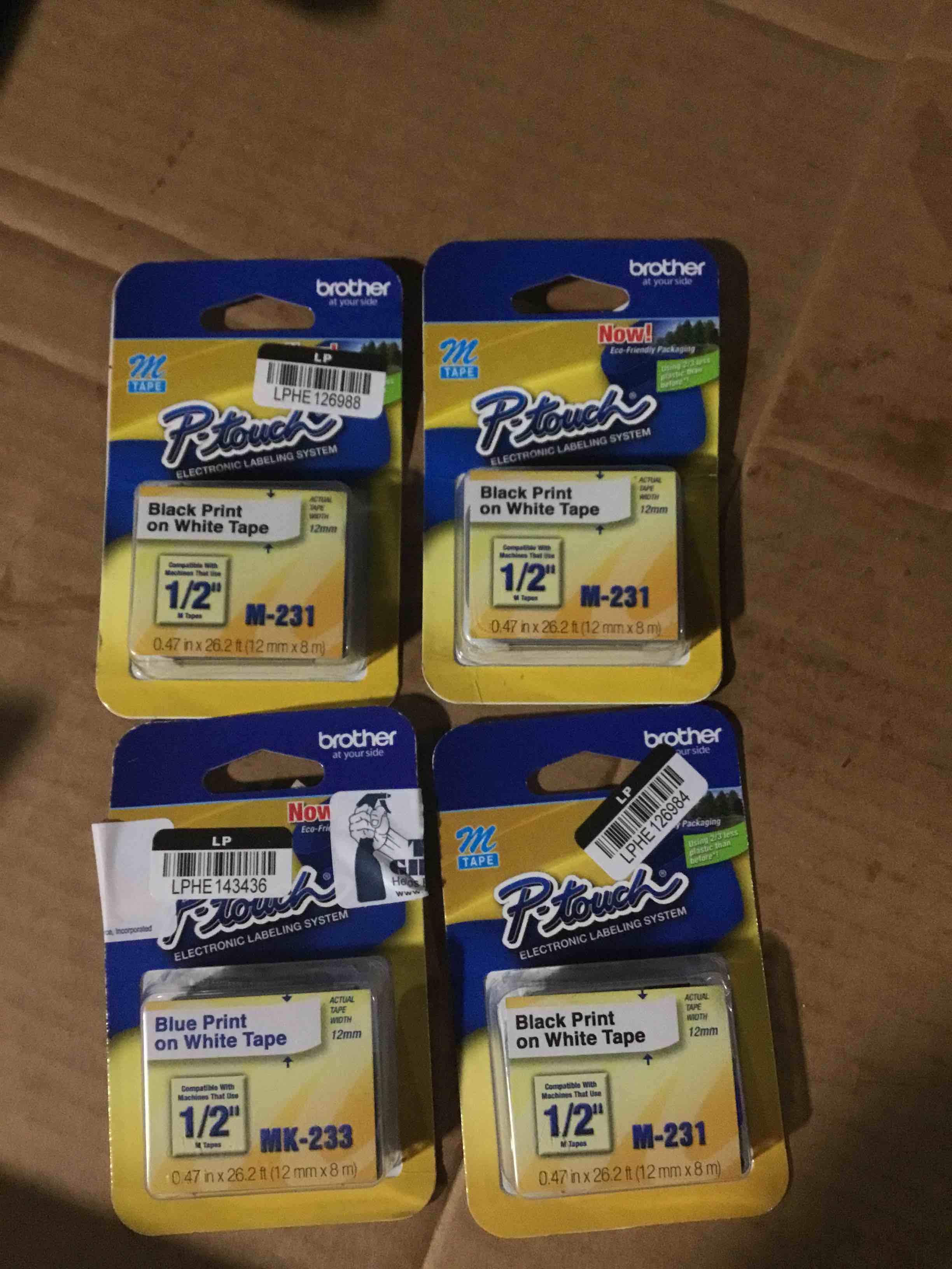 4 pack,Brother 12mm (1/2 ) Black on White Non-Laminated Tape (8m/26.2 ) (1/Pkg)