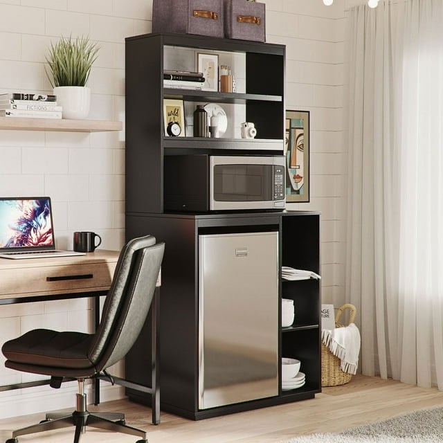 The Organization Station with Mini Refrigerator and Microwave Storage Space, Black color
