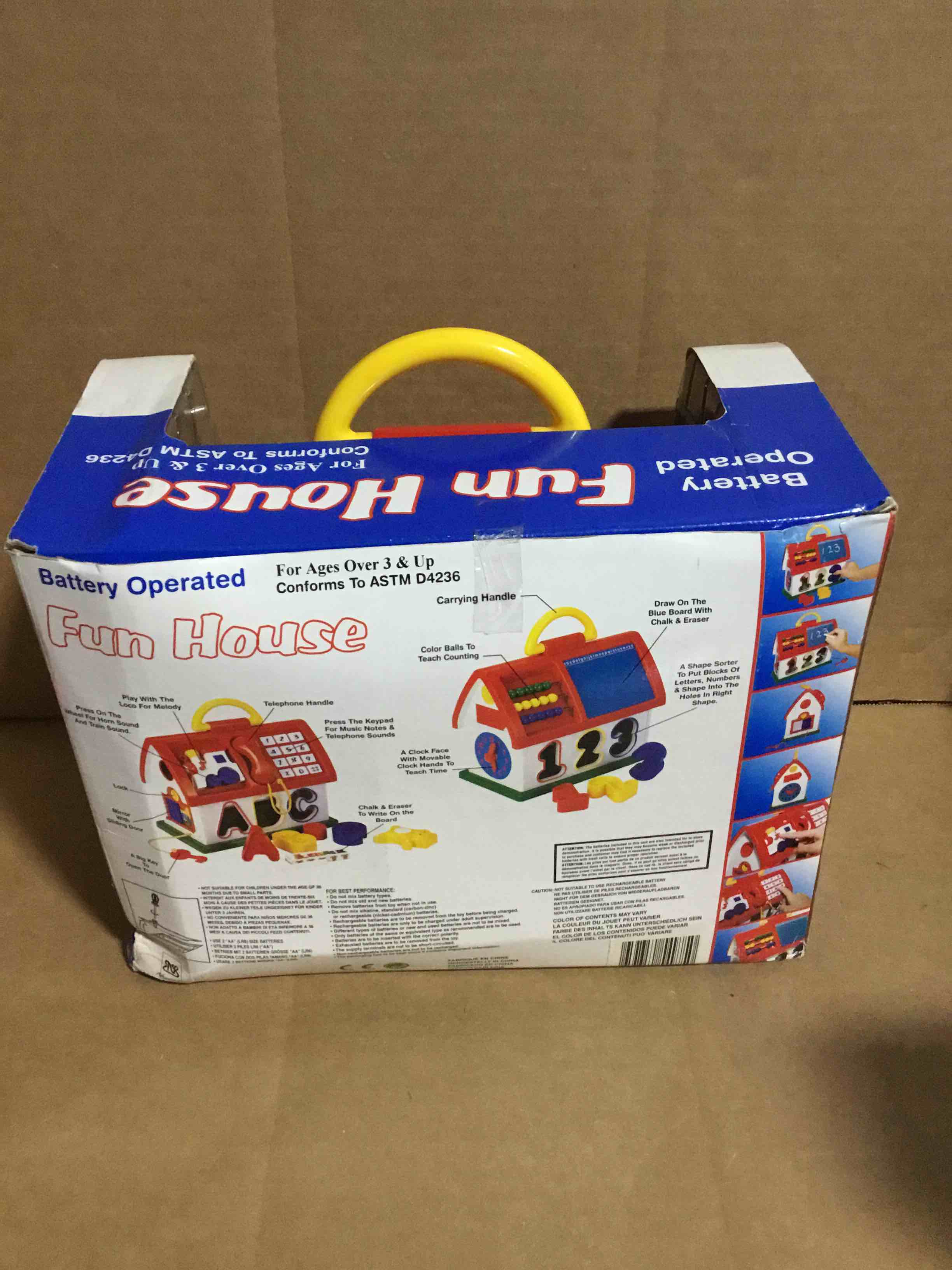 Condition photo showing New/Like New for Fun House 12" musical house. includes phone, sounds, writing board, chalk, eraser