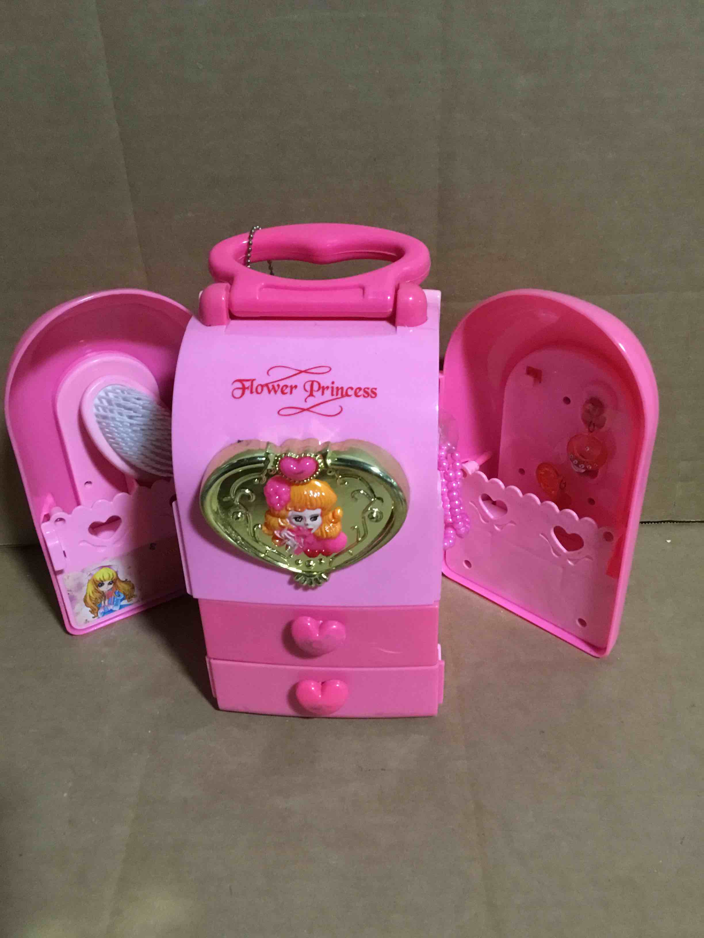 Condition photo showing As Is for Vintage Flower Princess Plastic Jewerly Box W/ Mirror Drawers 