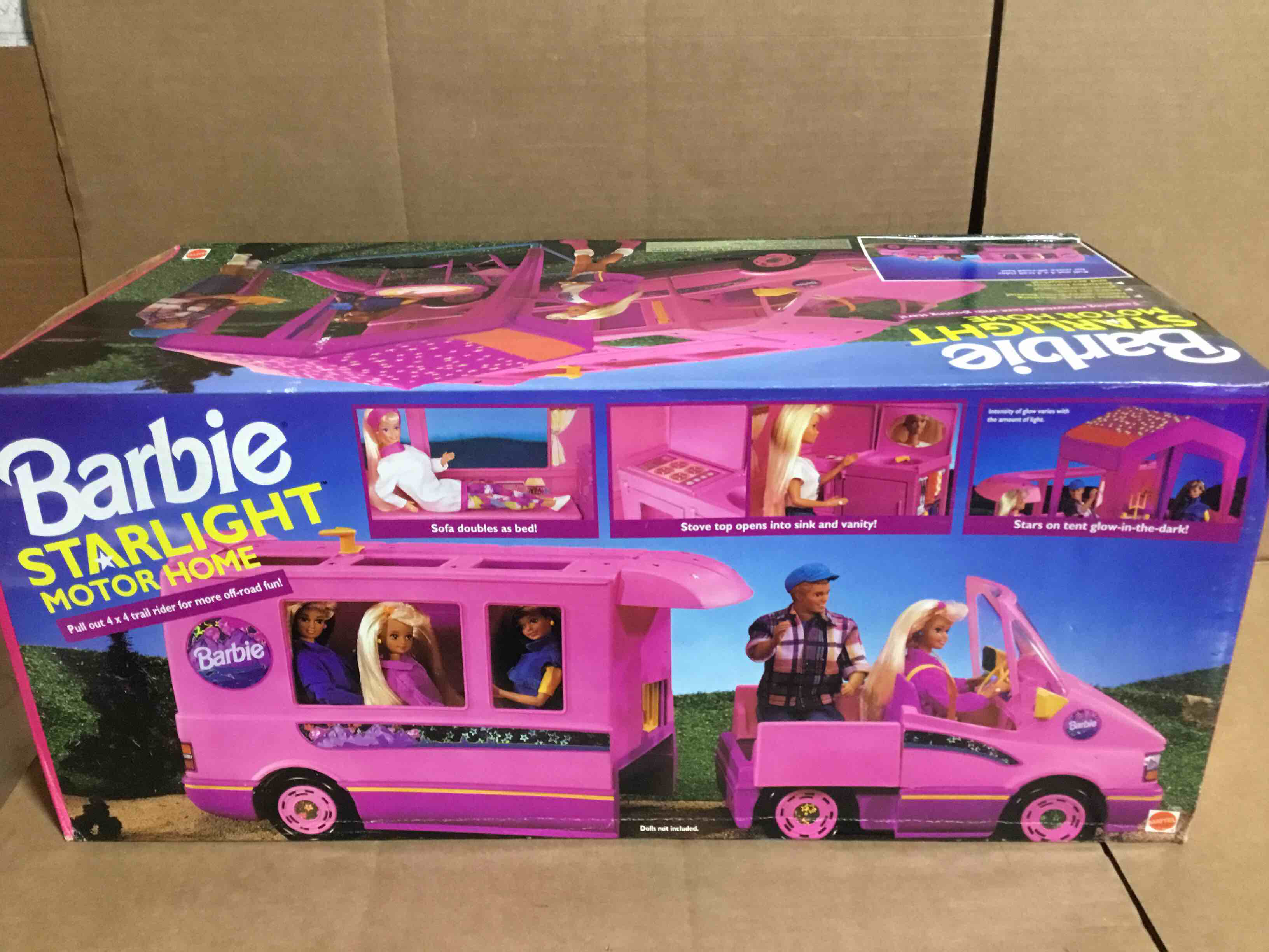Condition photo showing New/Like New for Barbie STARLIGHT MOTOR HOME Pink Vehicle MOTORHOME Van with TENT & TRAIL RIDER "Jeep" (1993)