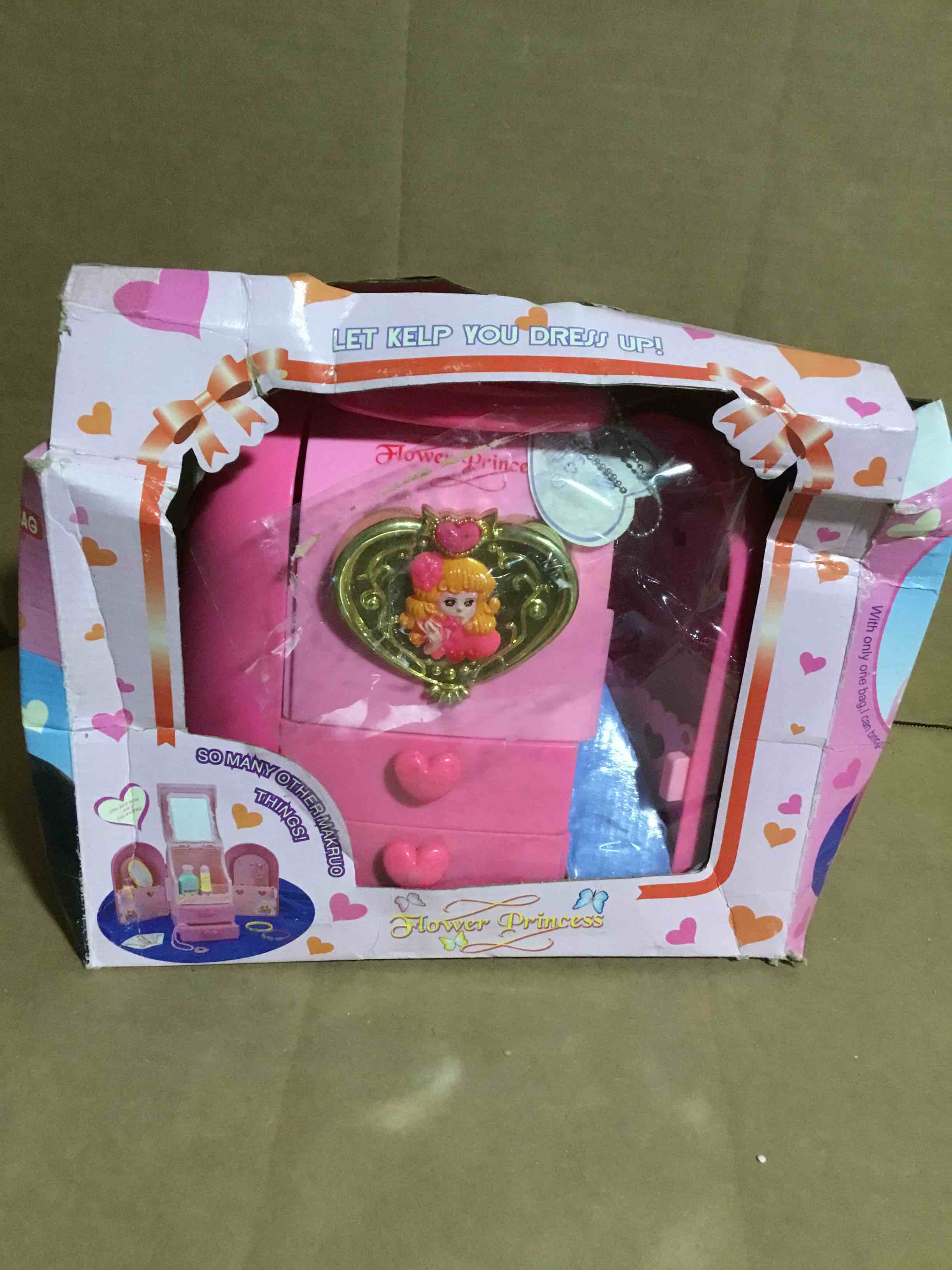 Condition photo showing Good Condition for Vintage Flower Princess Plastic Jewelry Box W/ Mirror Drawers + Wardrobe Closets