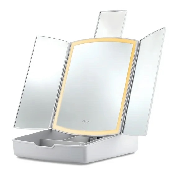 ihome vanity mirror with lights and makeup organizer, travel mirror with three color light modes (icvs30)