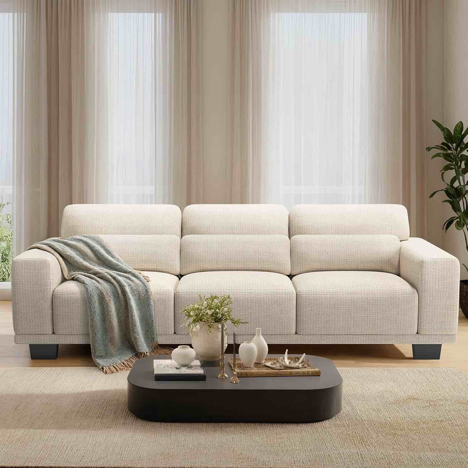 pipishell 3 seater sofa couch with deep seats and wide armrests, 89" couches for living room, comfy 3-seater futon sofas,modern upholstered couch with removable washable cover,linen fabric, white. model: msss06w-89-us