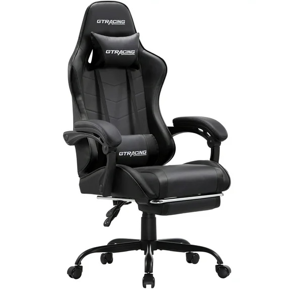 gtracing gtwd-200 gaming chair with footrest, height adjustable office swivel recliner, black