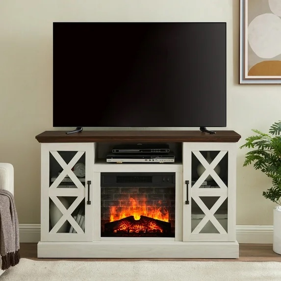 mainstays farmhouse fireplace tv stand for tvs up to 55", off white/walnut