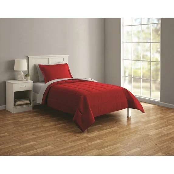 mainstays 5 piece reversible bed in a bag comforter set with sheets, red, twin-xl