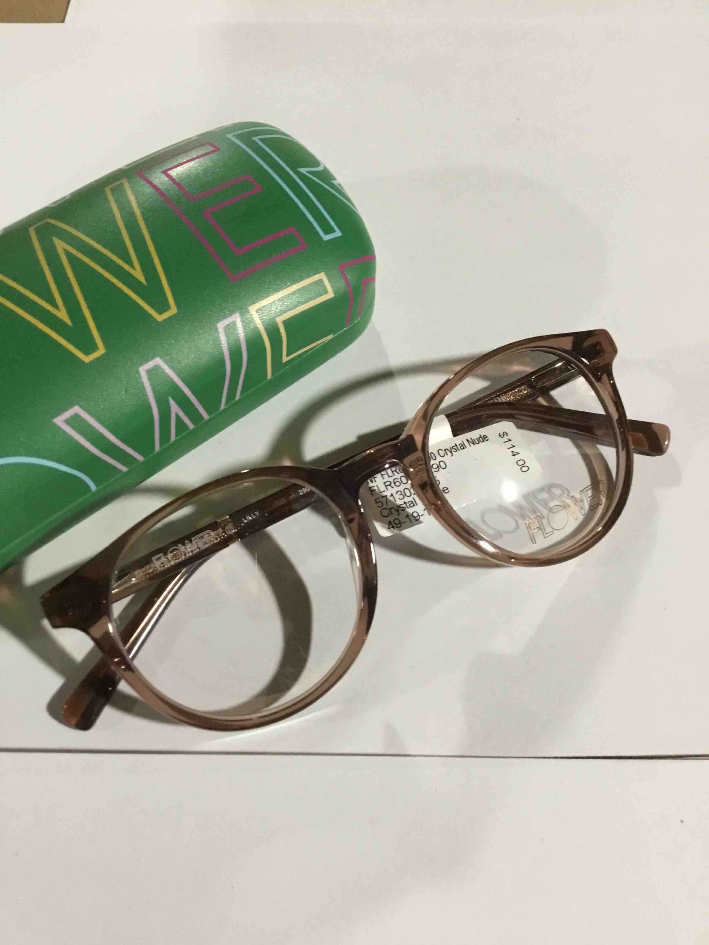Condition photo showing New/Like New for Flower Women's FLR6035 Prescription Eyeglasses with Case, Crystal Nude