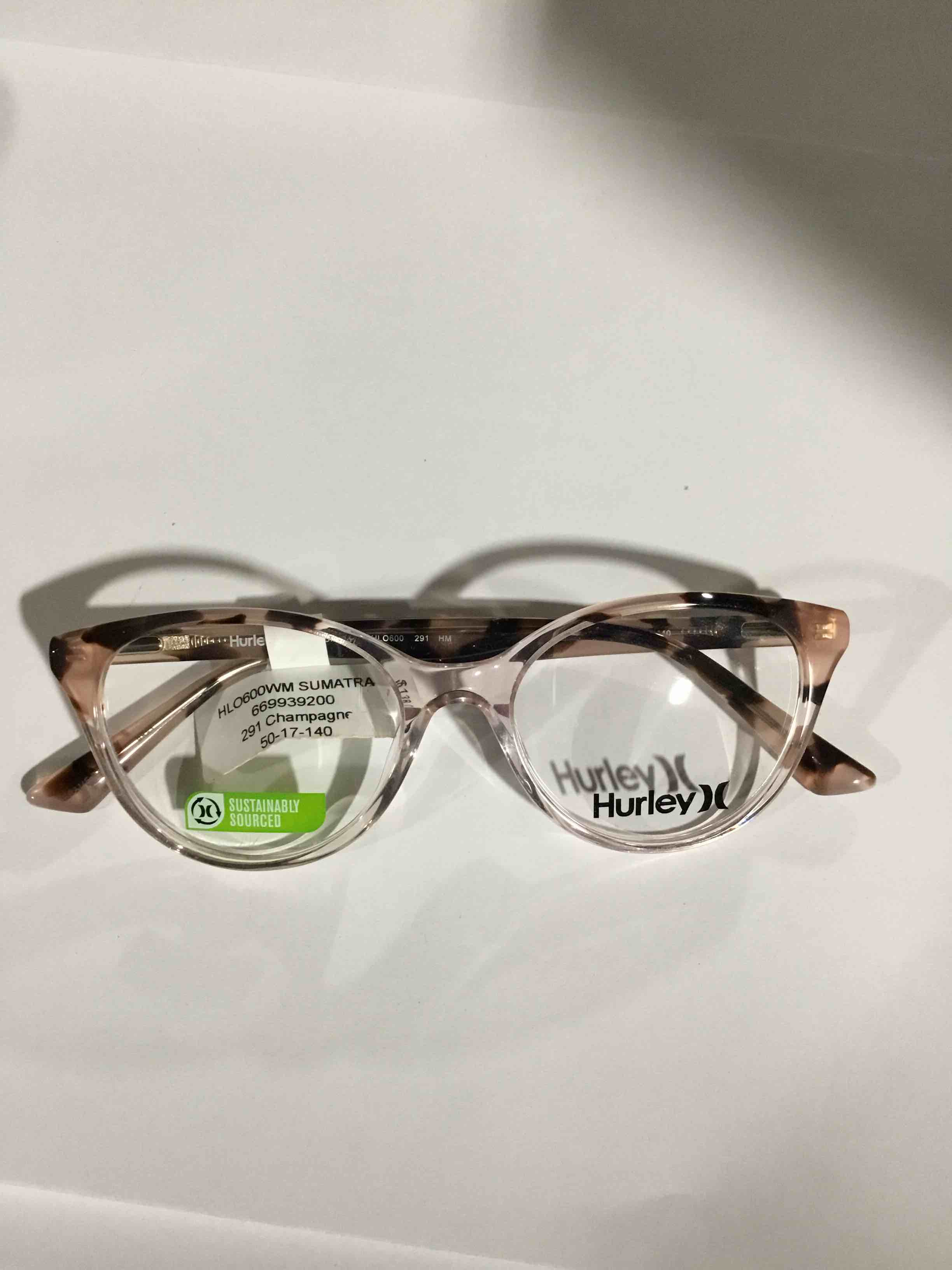Condition photo showing New/Like New for Hurley Women's Sumatra Prescription Eyeglasses with Case, Crystal Nude/Champagne Tortoise