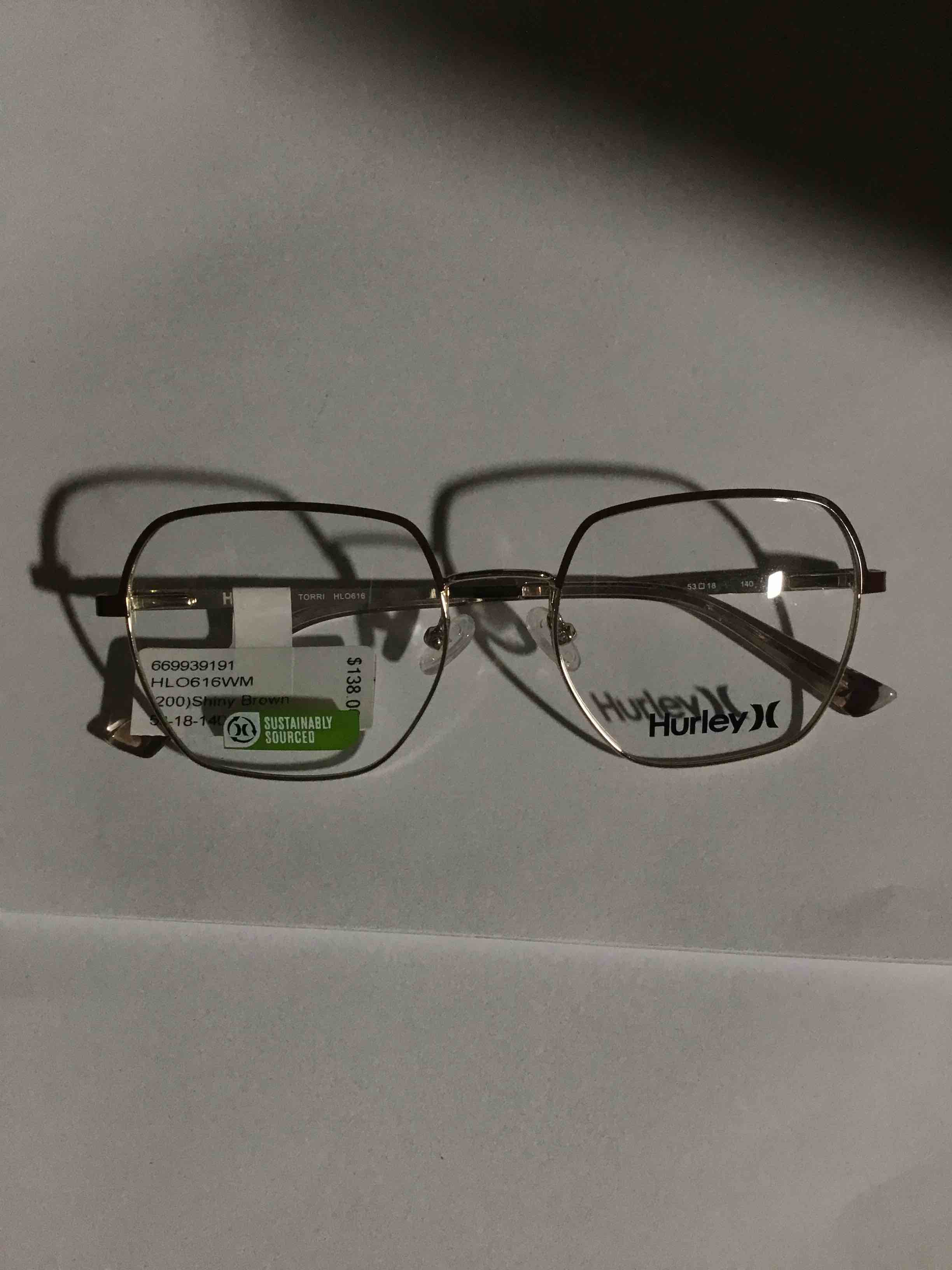 Condition photo showing New/Like New for Hurley Women's Torri Prescription Eyeglasses with Case, Brown/Gold