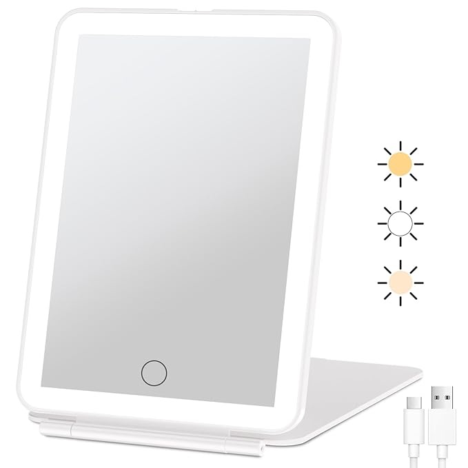 ihome travel mirror with light and adjustable stand, shatterproof makeup mirror with rechargeable battery – white