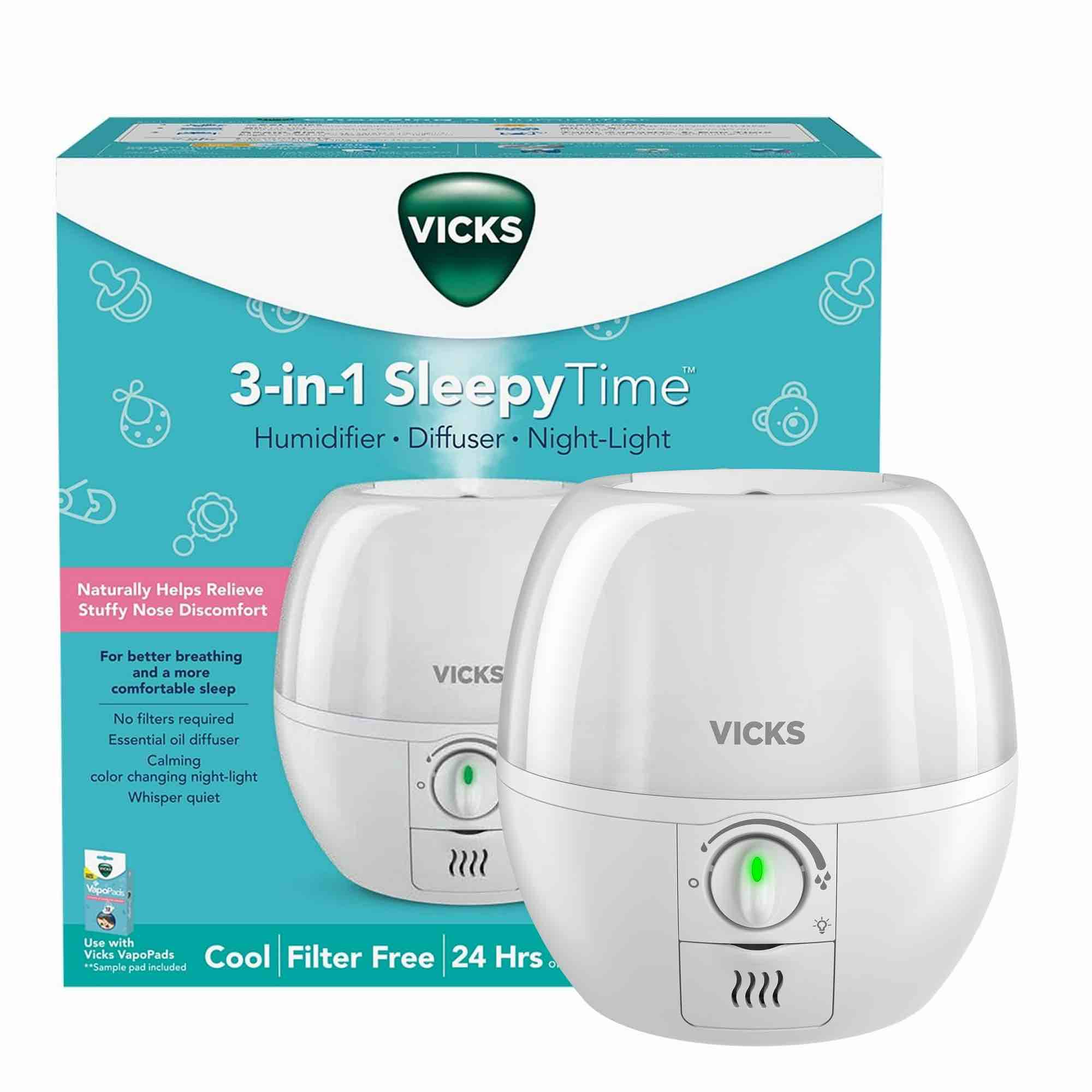 vicks 3-in-1 sleepy time ultrasonic cool mist humidifier with nightlight vul500