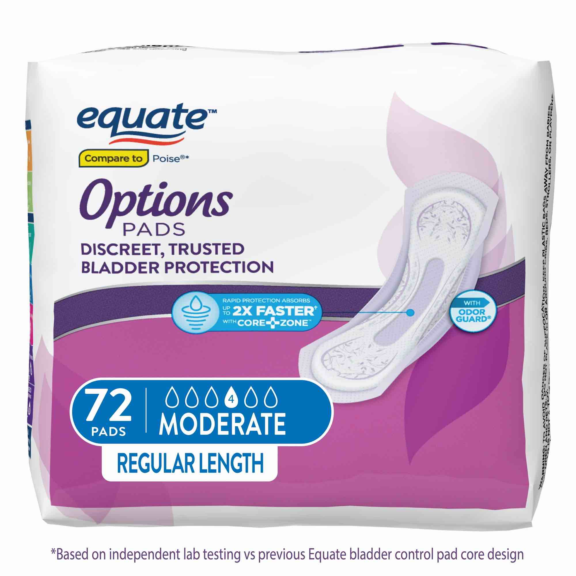 equate options women s moderate-regular incontinence pads  72 count