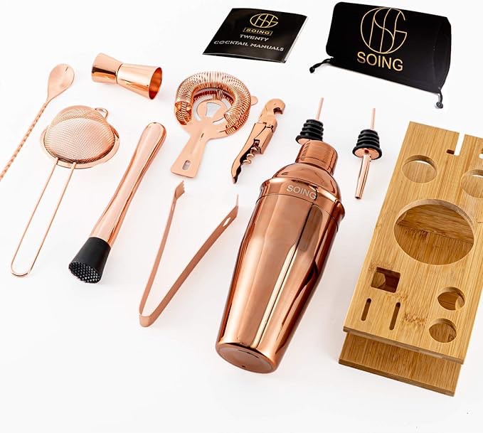 11-Piece Rose Copper Bartender Kit,Perfect Home Cocktail Shaker Set for Drink Mixing,Stainless Steel Bar Tools with Stand,Velvet Carry Bag & Cocktail Recipes Cards (Rose Copper)