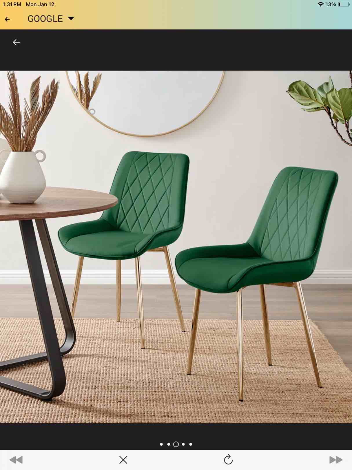  2 Velvet Upholstered Dining Chairs, Green color 