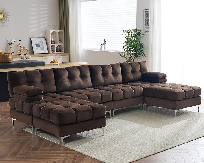 PaPaJet 124 Inch Sectional Sofa, 6 Seater Modular Sectional Couch with Metal Legs, U Shaped Sofa Couch for Living Room, Dark Brown