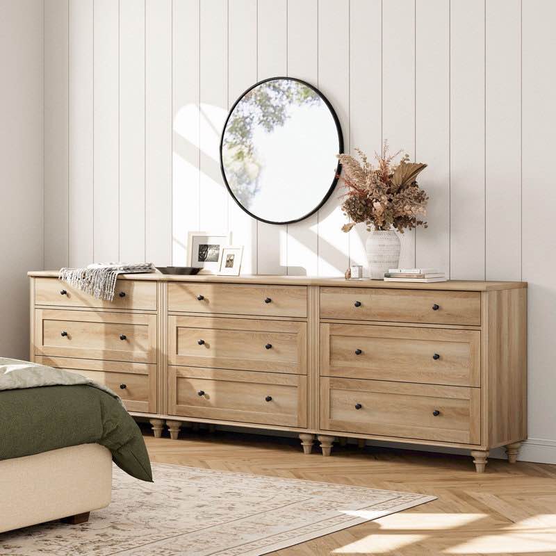Scarlett 3-in-1 Oak Dressers With 9 Wide Chest Of Drawers, Large Wood Dressers For Living Room, Nursery, Hallway
