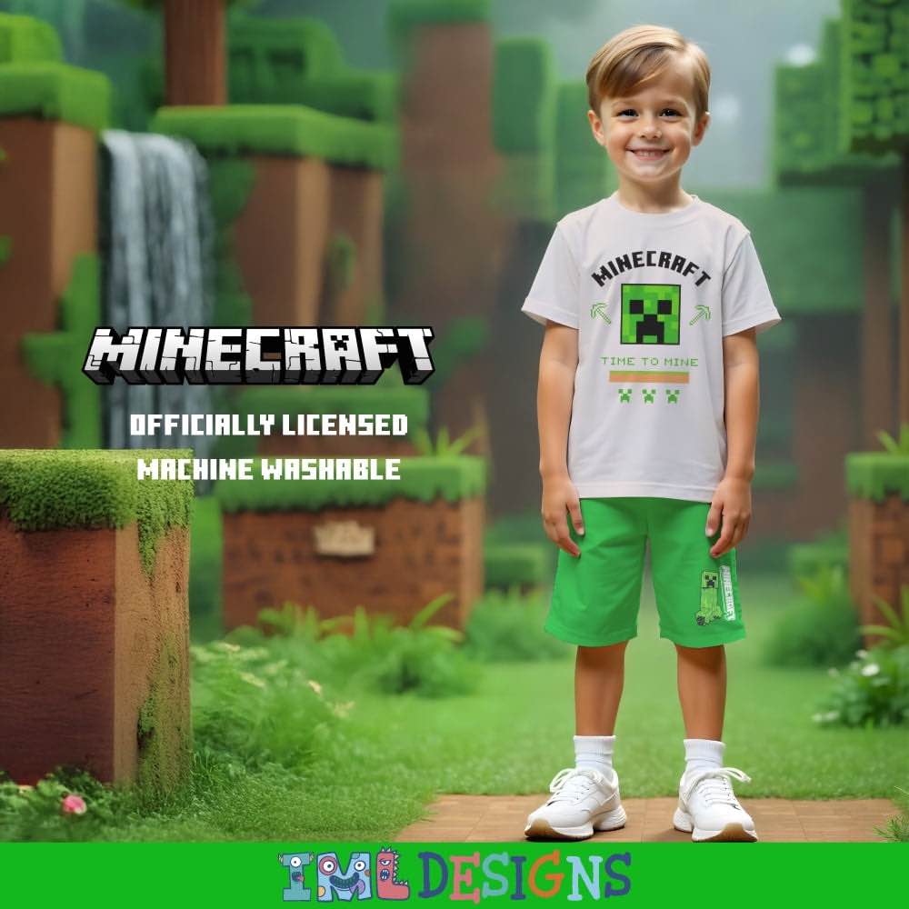 Minecraft Creeper Boys 2-Piece Set - Short Sleeve Graphic T-Shirt, Shorts- Complete Summer Outfit for Kids Size 7 