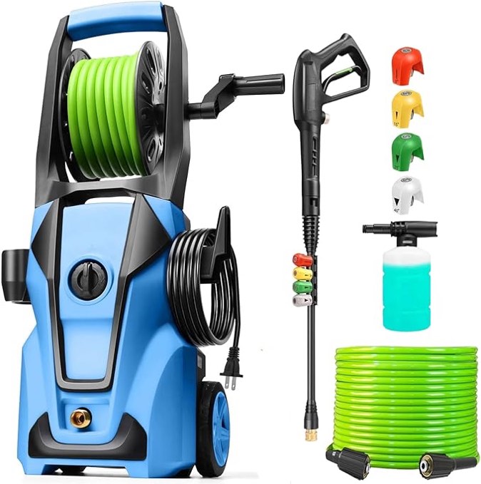 electric pressure washer adjustable 5000psi 4.0 gpm high power washers with 33ft hose reel, 4 nozzle