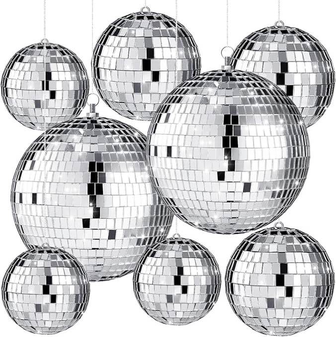 haull 8 pcs large disco ball set silver mirror disco reflective ball with hanging ring party ornamen