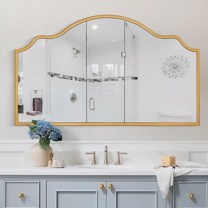 chende wide arched mirror, 55''x32'' large gold mirrors for wall decor mantel fireplace, modern scal