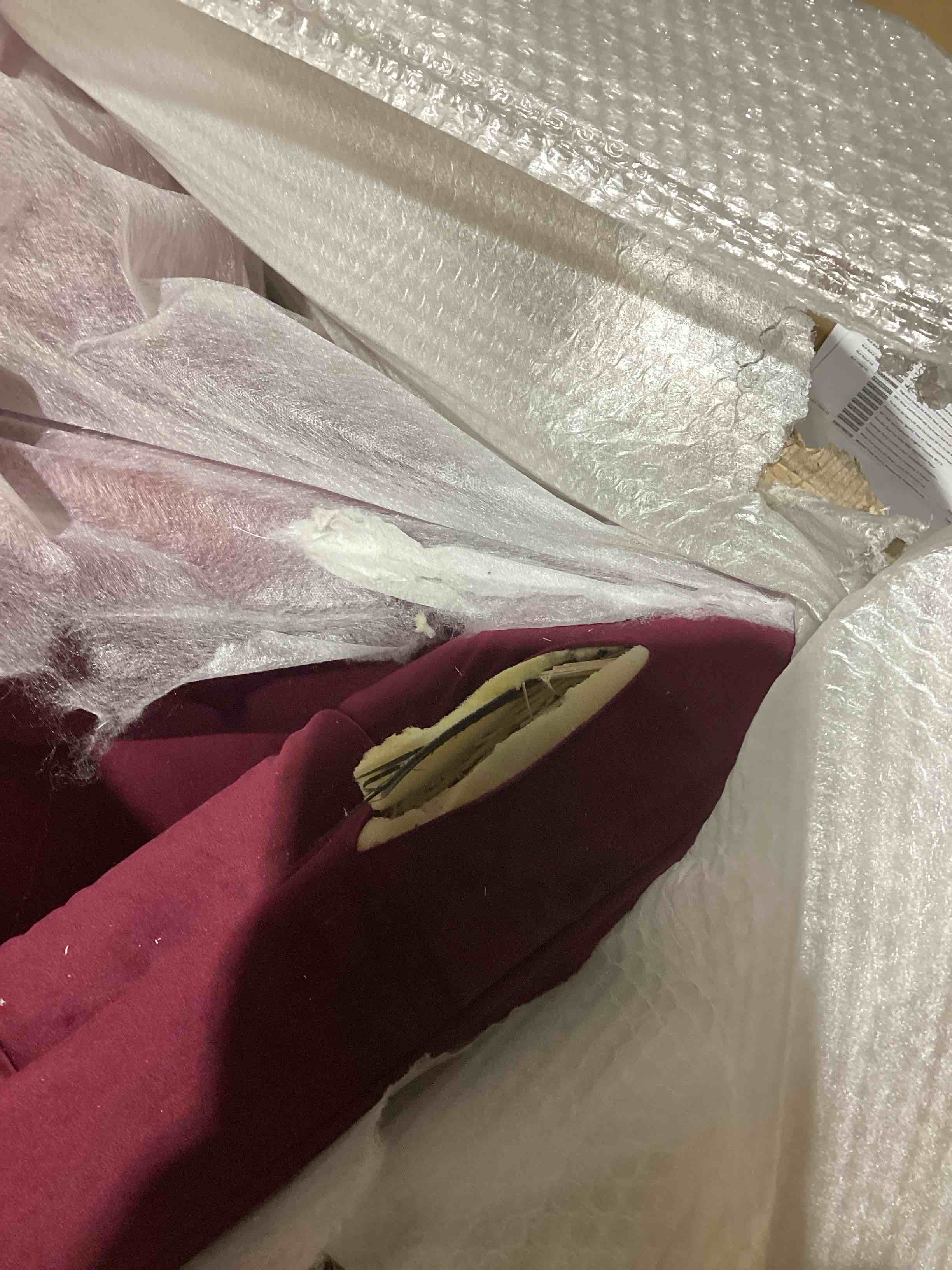 Condition photo showing As Is for jennifer taylor home jack 84" modern tuxedo tufted sofa, burgundy velvet *damaged* 