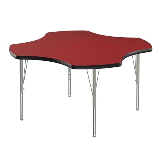 correll 48" clover shaped classroom activity table, height adjustable (19"-29") red top, black edge, durable high pressure laminate, silver/chrome legs, school furniture, made in the usa red 48" clover