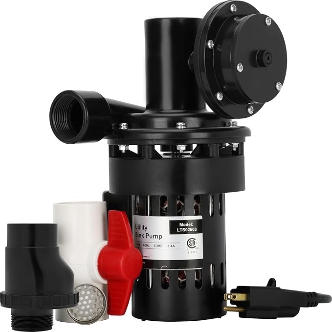 automatic utility sink pump installed directly under sink gravity-free drainage heavy-duty thermoplastic 115v