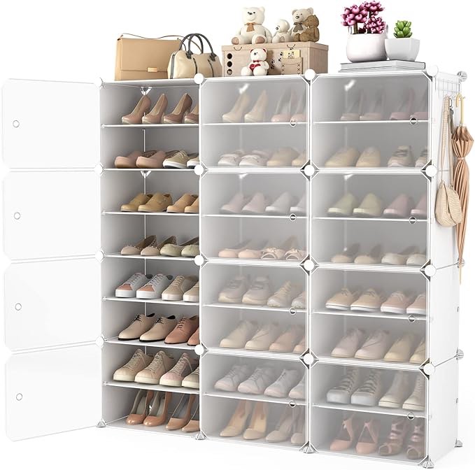 portable shoe rack organizer with door, 48 pairs shoe storage cabinet easy assembly, plastic adjustable shoes organizer stackable detachable free standing shoes rack white
